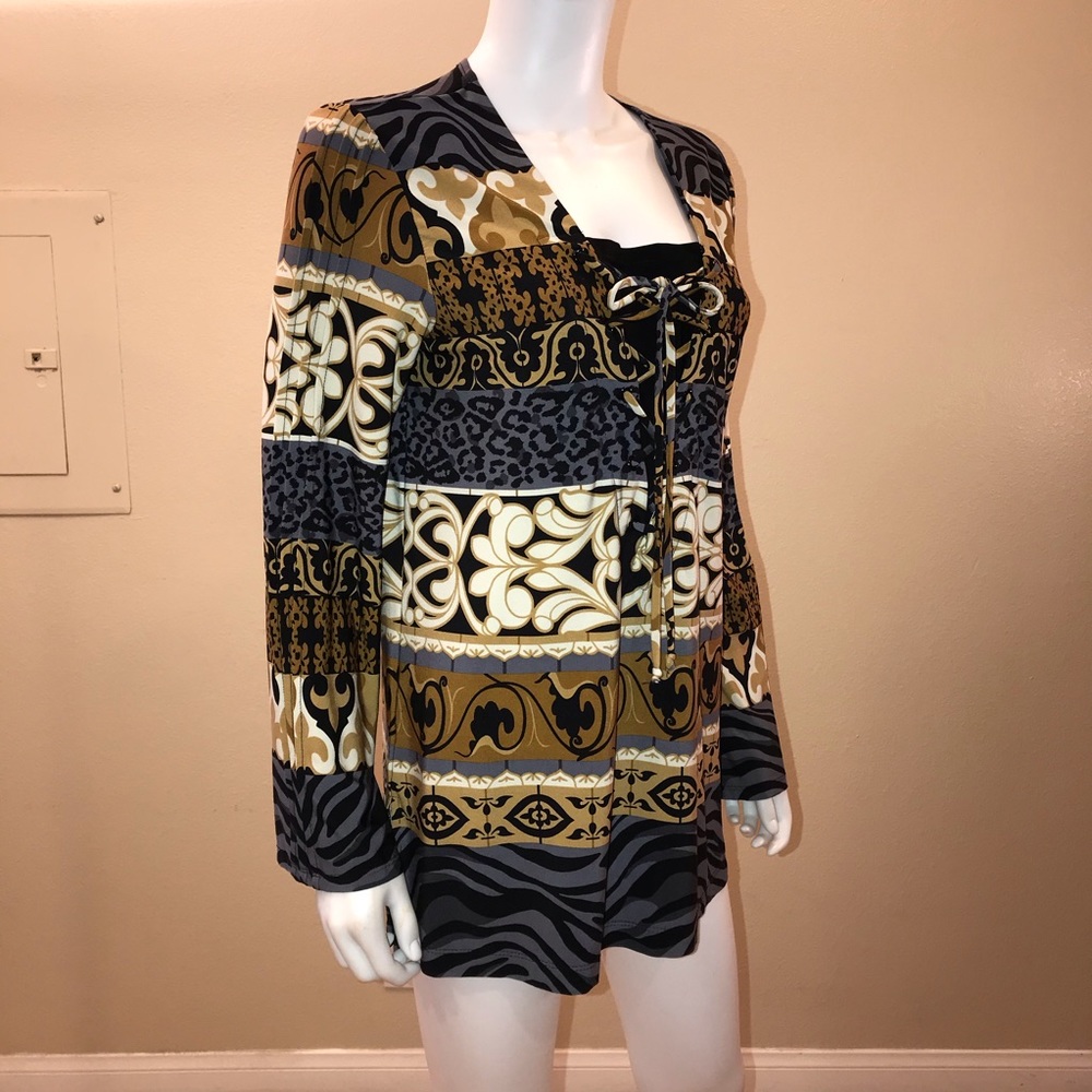 CSC Studio Tunic Blouse Size M Lace Up Neckline Tan Black Easy Care Office Fall